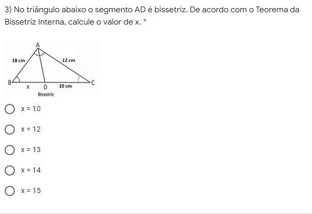 No triângulo abaixo o segmento AD é bissetriz. De acordo com o Teorema da Bissetriz Interna, calcule o valor de x.