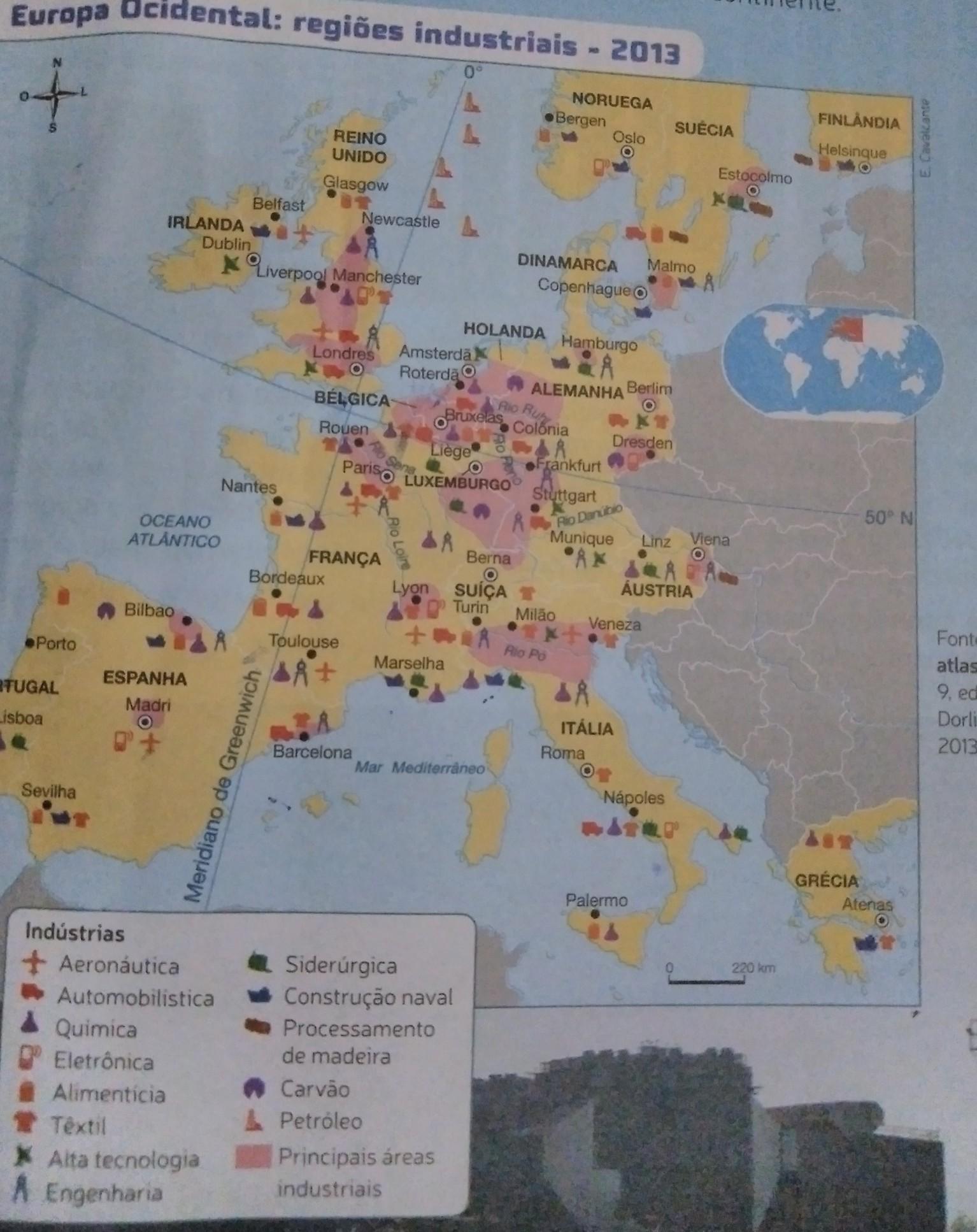 b) Observe novamente o mapa da página 45 e escreva, no caderno onde estão localizadas algumas das principais regiões industriais da Europa Ocidental 