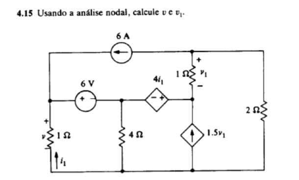 Usando análise nodal, calcule v e v1. Por favor, me ajudem nessa.