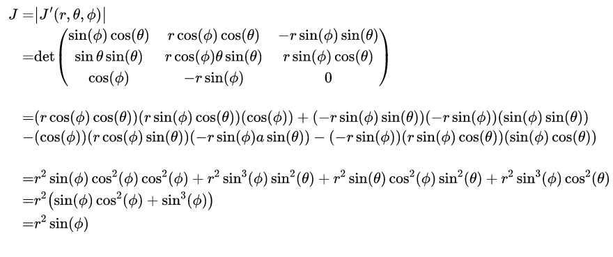 cálculo passo a passo do jacobiano em coordenadas esféricas.