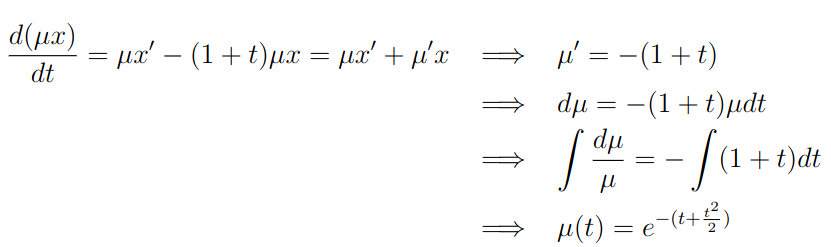 Determinação do fator integrante para um exemplo de uma das EDOs de primeira ordem.